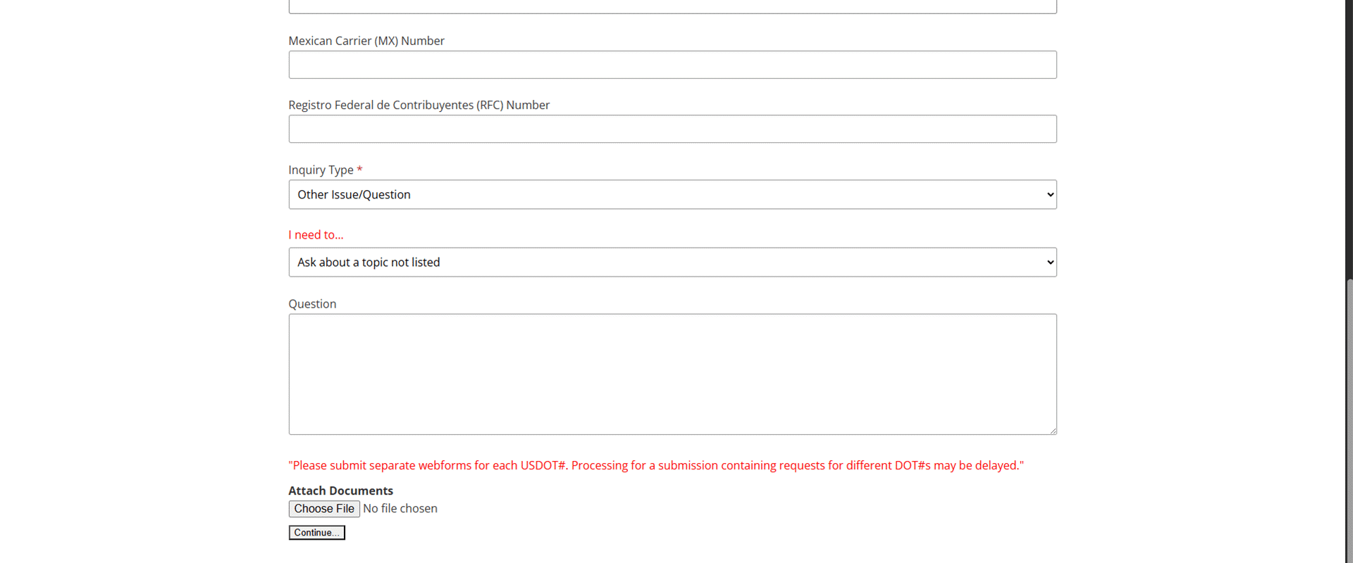 FMCSA Question submission for submitting a ticket